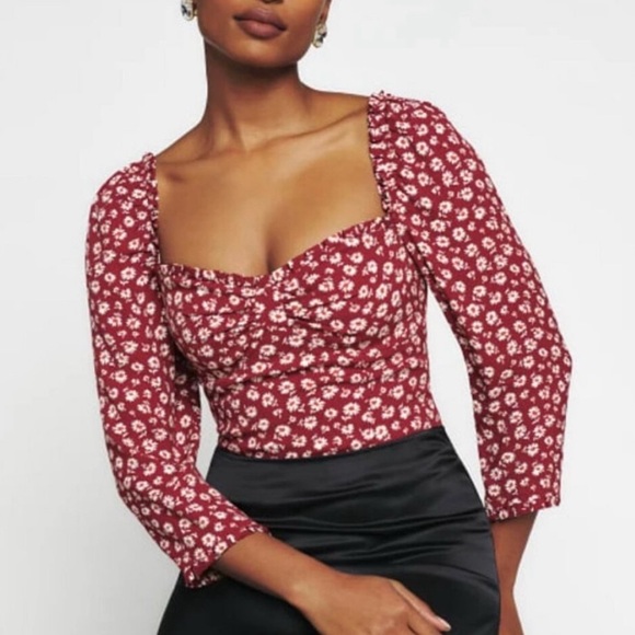Reformation Tops - Reformation Meriah Peasant Top in Red Cary Floral Cottagecore sz 2
